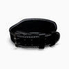 Black leather weight lifting trap fastened with buckle on a wite background