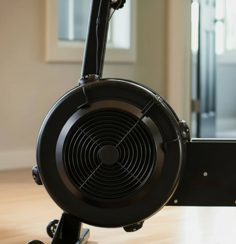 Close-up of an exercise bike on a wooden floor.