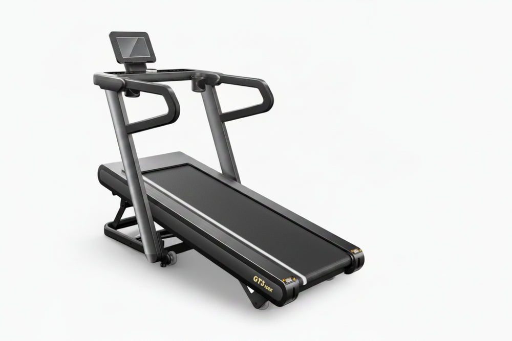 Treadmill with a screen on top on a white background