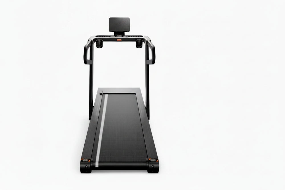 Black treadmill with incline on a white background