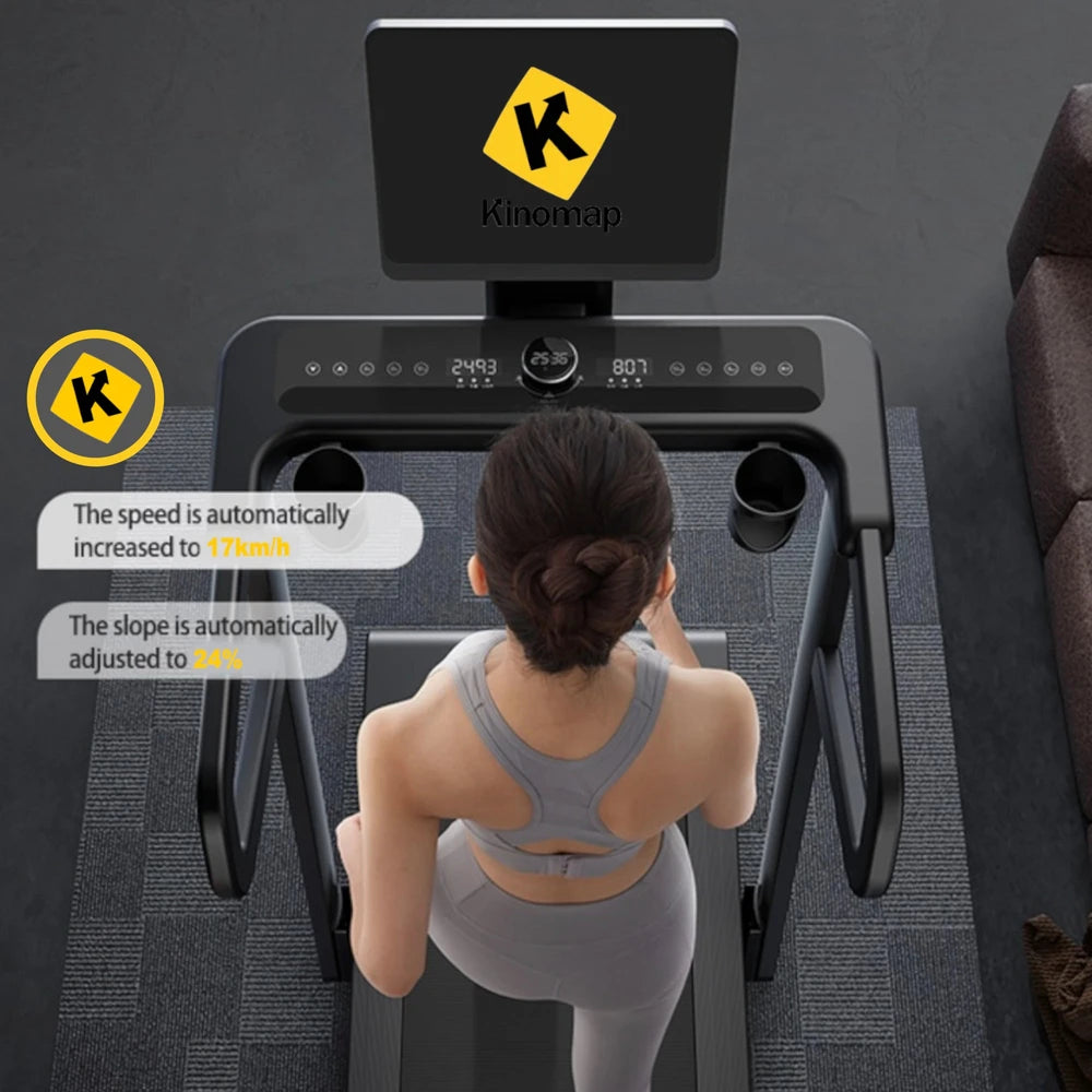 Woman using a treadmill with K branding on a dark background