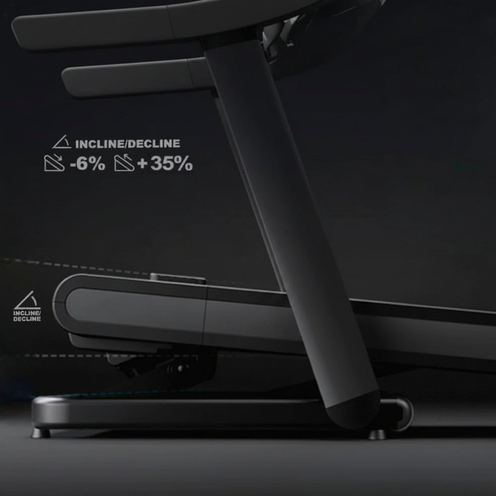 Black treadmill with incline/decline settings on a dark background