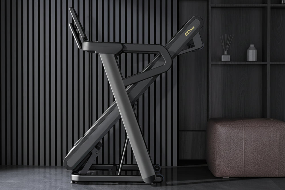 Folded treadmill on a dark background