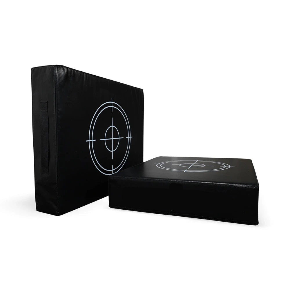 Two black gym blocks with a target design on a white background.