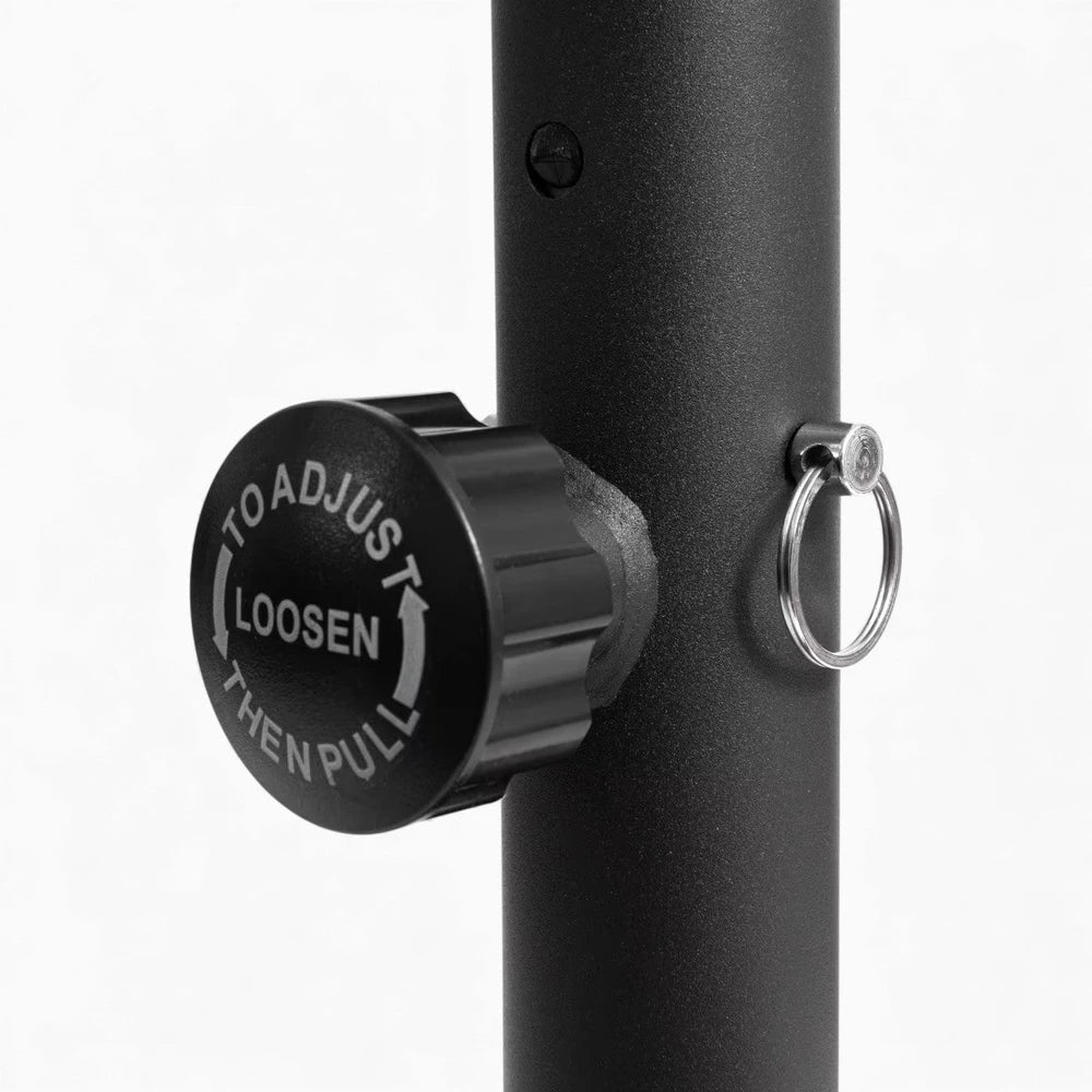Black adjustable knob on a parrallel dip bar