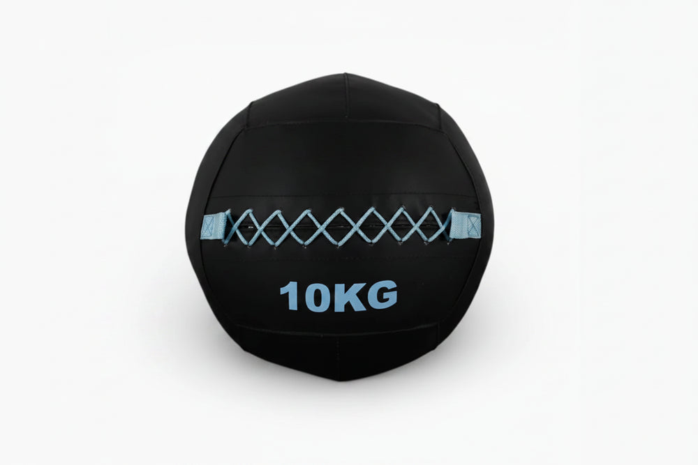 Black 10kg slam ball on a white background