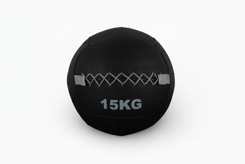 Black 15kg wall ball on a white background