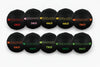 Set of black weighted balls with visible weight labels on a white background