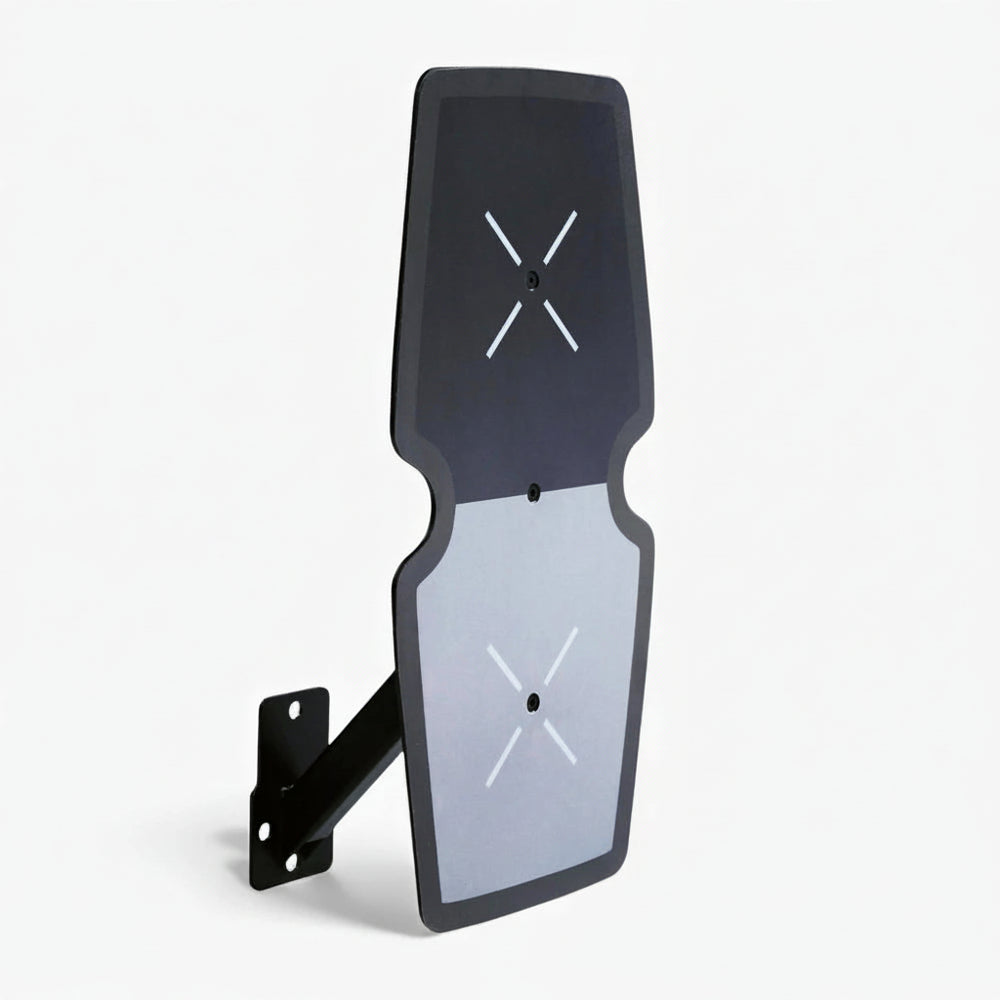 Black and gray wall mount bracket for slam ball target on a white background