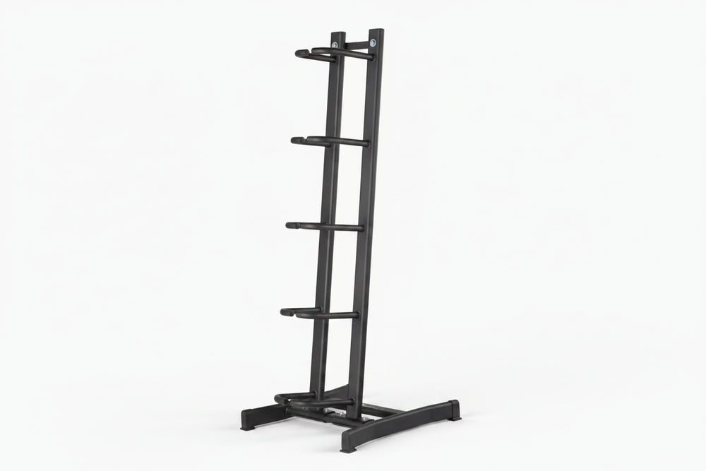 Black slam ball storage rack on a white background