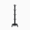 Black storage rack with multiple levels on a white background
