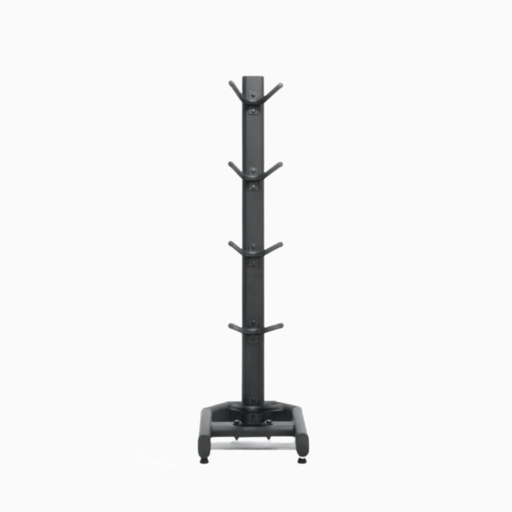 Black storage rack with multiple levels on a white background