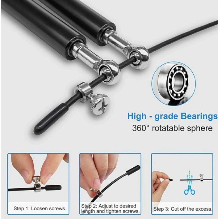 Mechanical components of the high velocity jump rope with high-grade bearings and 360-degree rotatable sphere, showing assembly steps.