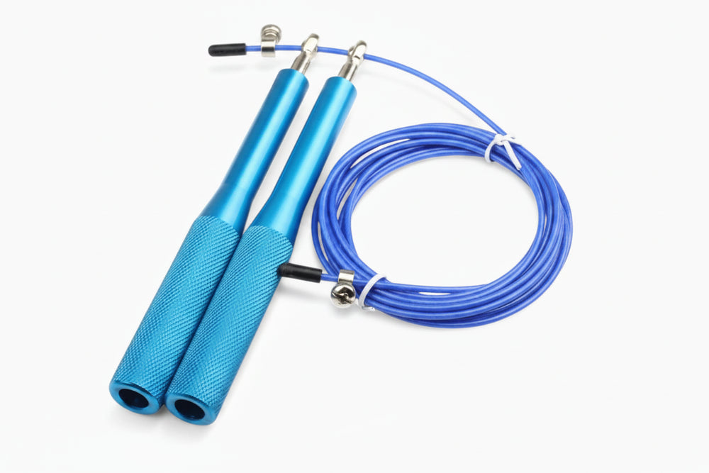 Steel velocity jump rope in blue on a white background
