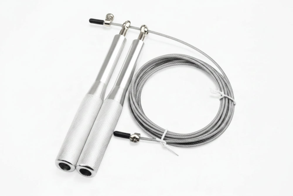 Steel velocity jump rope in silver on a white background