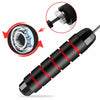Black and red mechanical component of a jump rope handle with detailed view of bearings on a white background