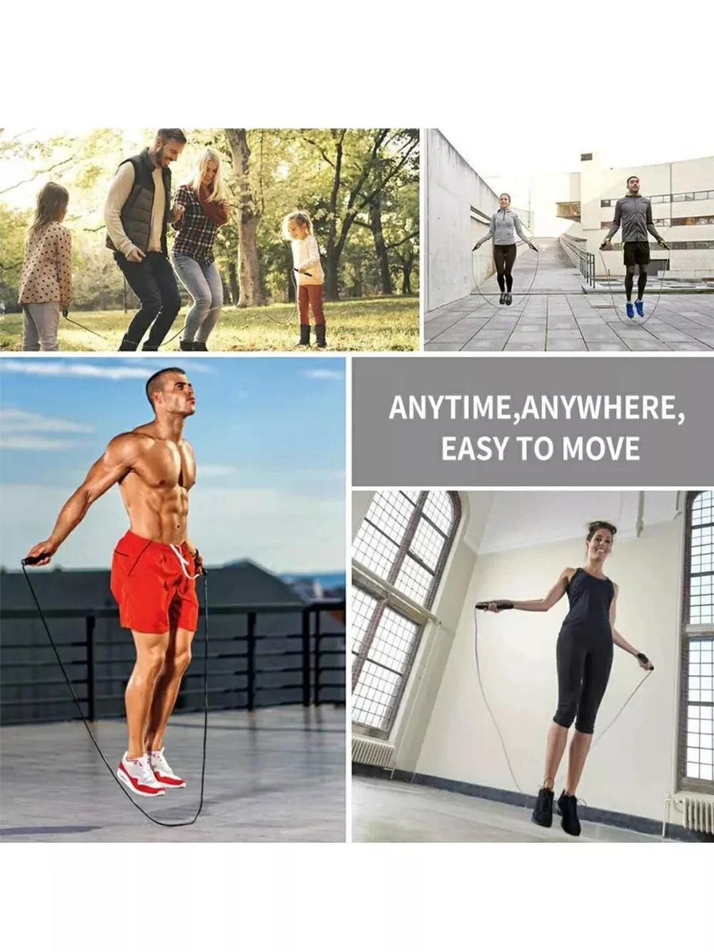 Collage of people using jump ropes outdoors and indoors with text 'Anytime, Anywhere, Easy to Move'.