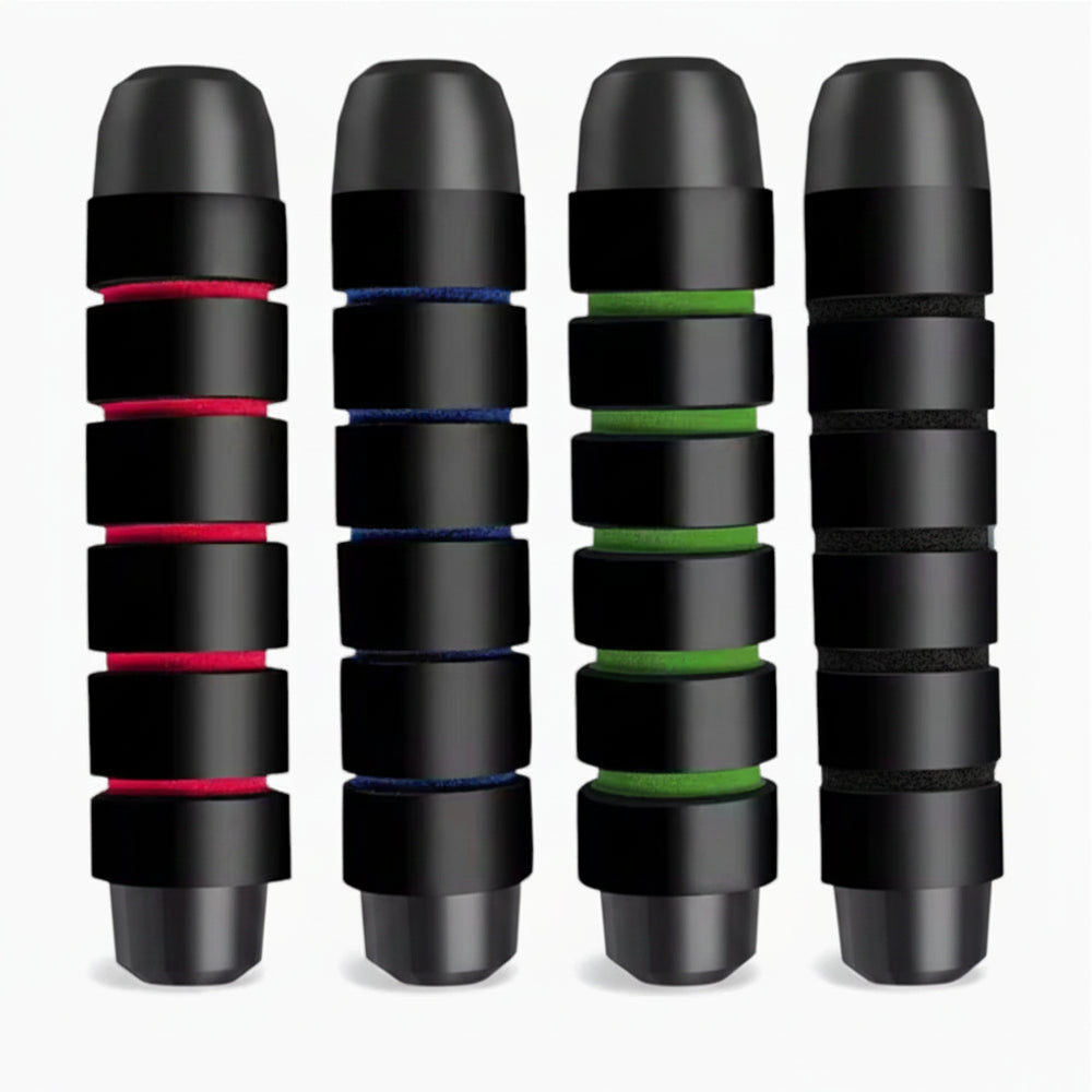 Four jump rope handle grip in different colours on a white background