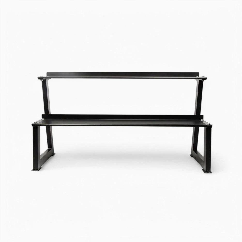 Black metal weights rack with two levels on a white background