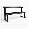 Black metal weights rack with dimensions on a white background