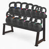 Kettlebell set with colour coded accents on a weights rack
