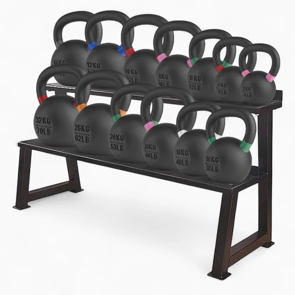 Kettlebell set with colour coded accents on a weights rack