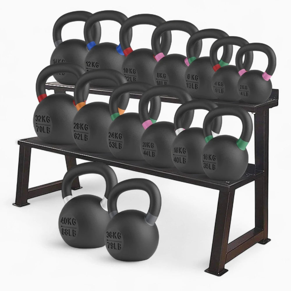 Fully loaded kettlebell weights storage rack on a white background
