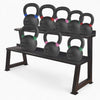 Set of kettlebells on a weights rack with colour coded accents and embossed weight markings