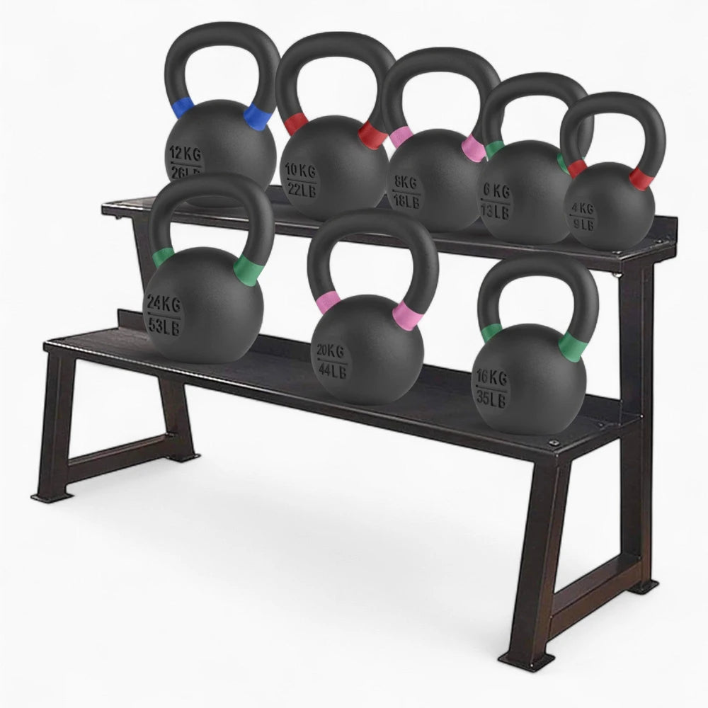 Set of kettlebells on a weights rack with colour coded accents and embossed weight markings
