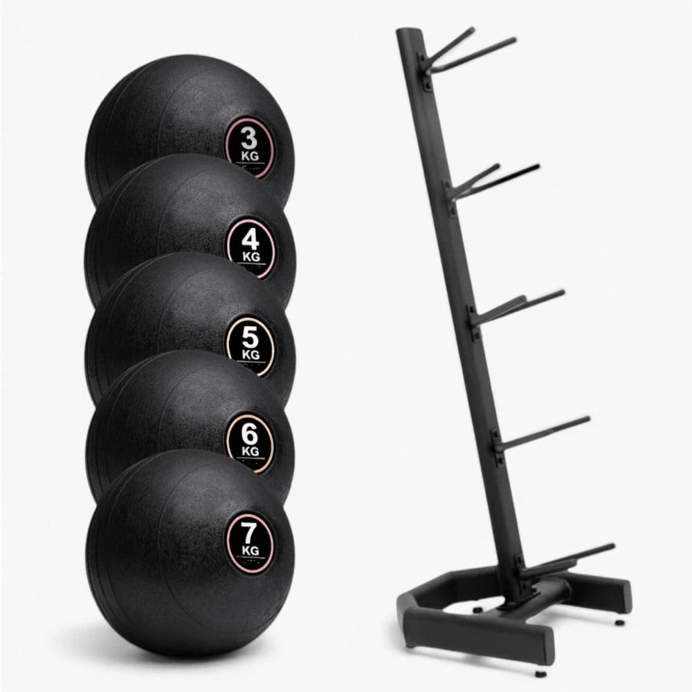Slam ball set and rack on a white background