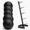 Slam ball set and storage rack on a white background