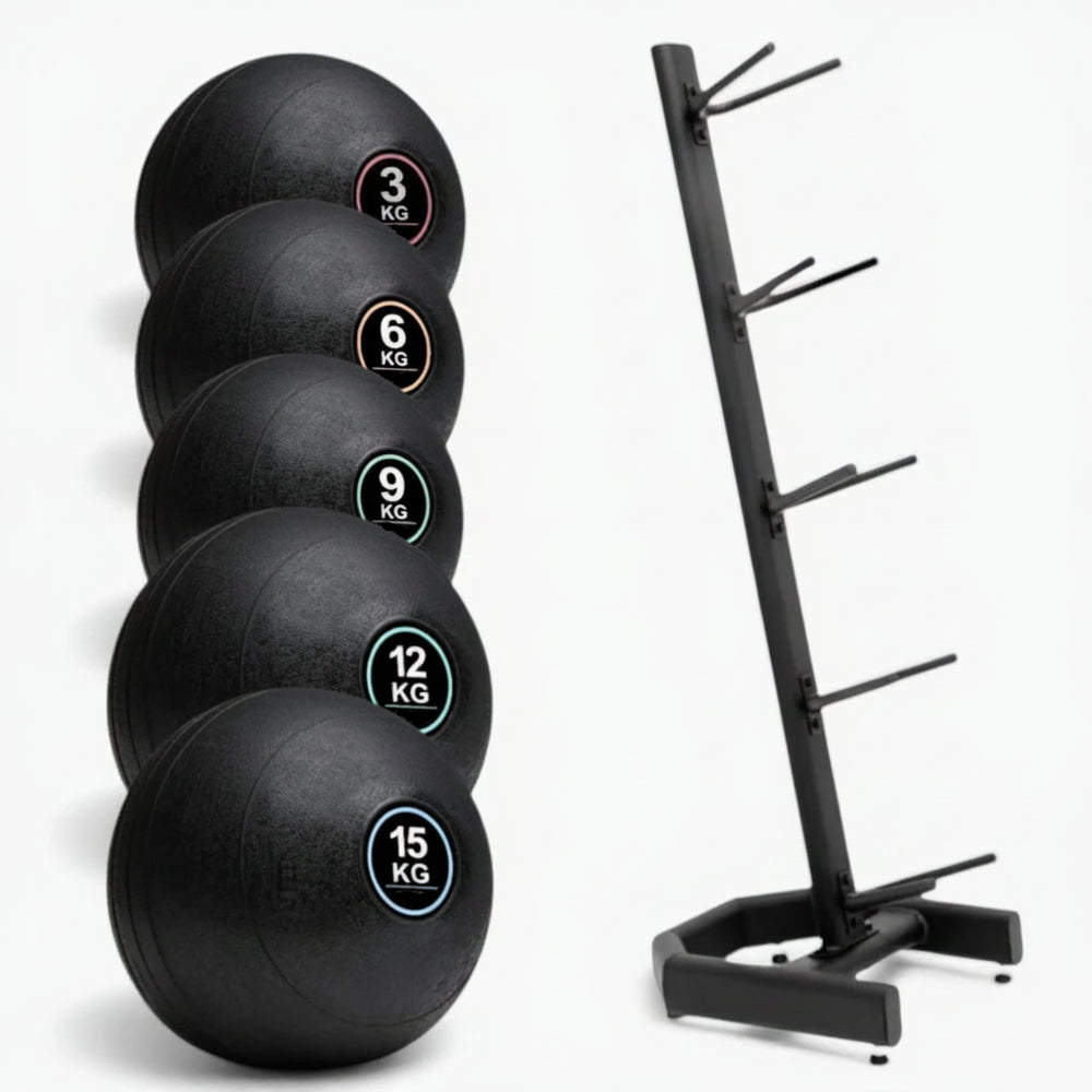 Slam ball set and storage rack on a white background