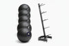 Slam bell set in various sizes with a storage rack on a white background