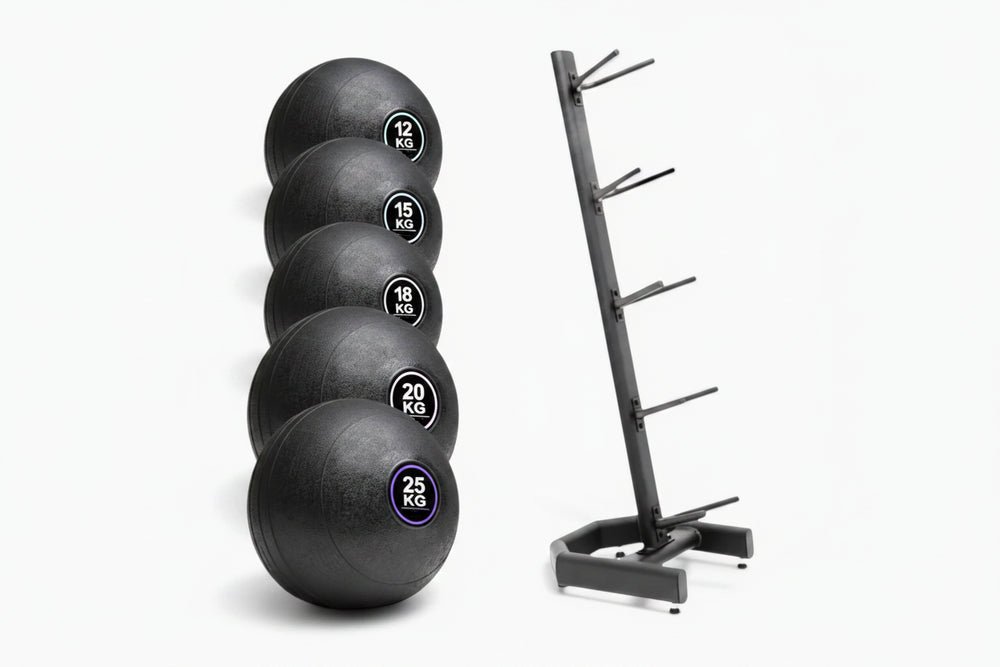 Slam bell set in various sizes with a storage rack on a white background