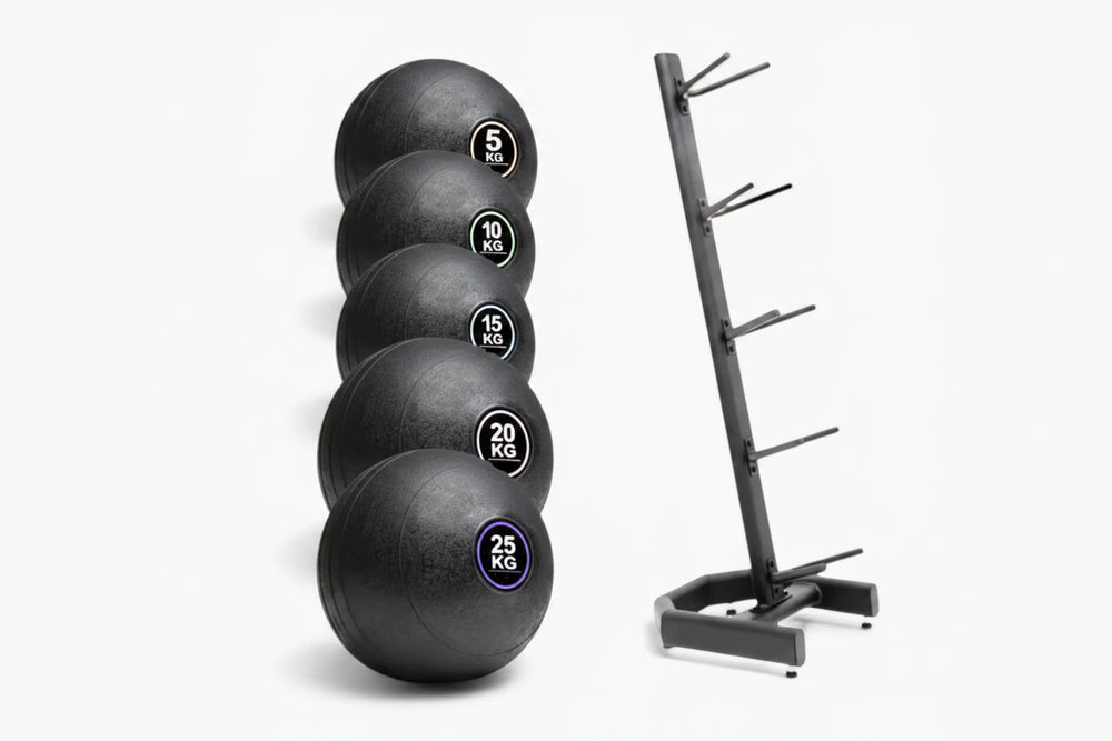 Black slam ball set in various weights and storage rack on a white background