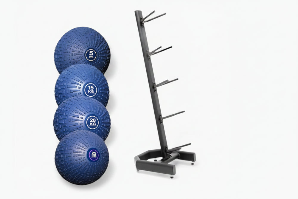 Blue threaded slam ball set and storage rack on a white background