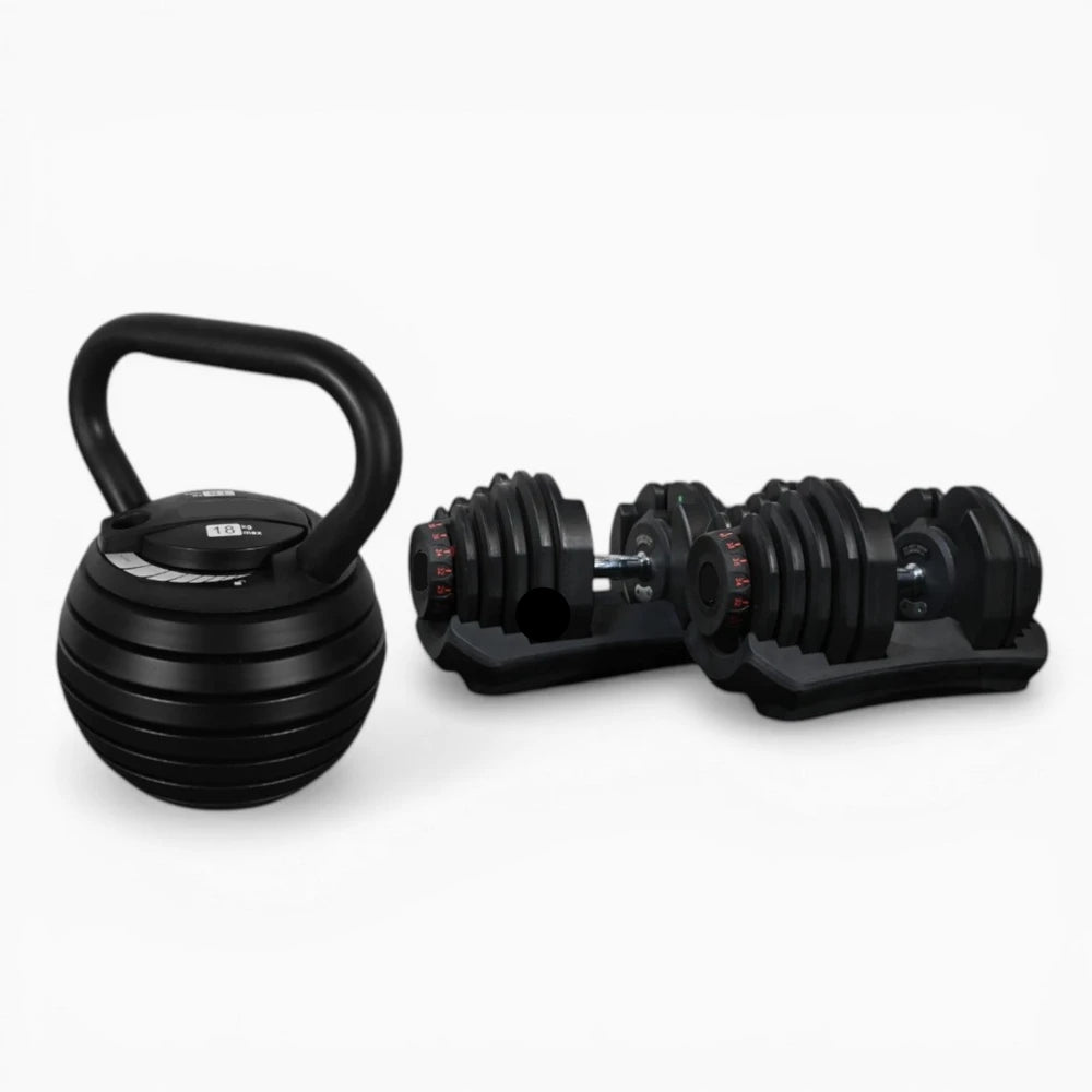 Set of two dumbbells on stands and a kettlebell on a white background