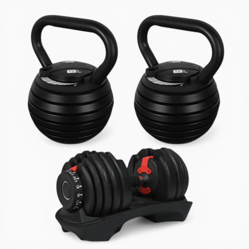 Two black kettlebells and a black adjustable dumbbell on a white background