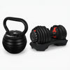 Black kettlebell and adjustable dumbbells on a white background