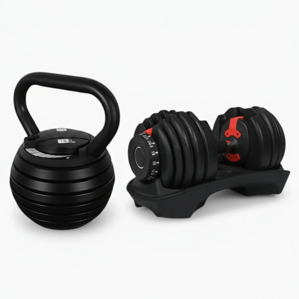 Black kettlebell and adjustable dumbbells on a white background