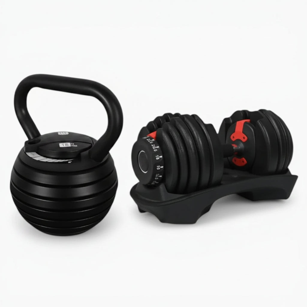 Black kettlebell and adjustable dumbbells on a white background Main image