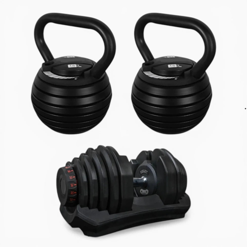 Two black kettlebells and a black adjustable dumbbell set on a white background