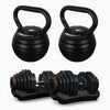 Set of kettlebells and dumbbells on a white background