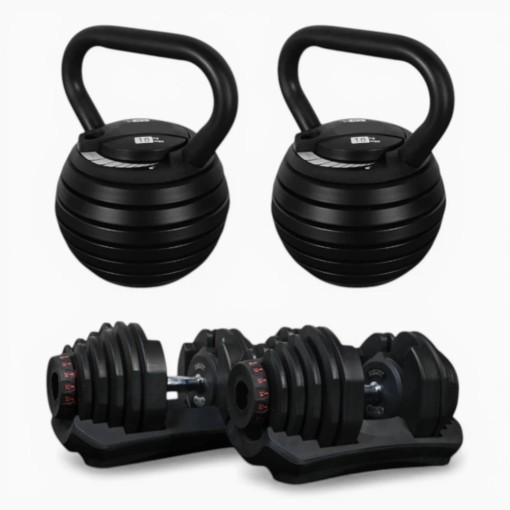 Set of kettlebells and dumbbells on a white background