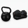 Black kettlebell and adjustable dumbbell on a white background