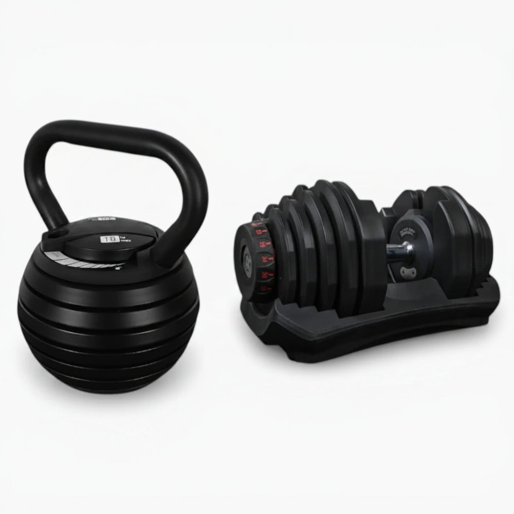 Black kettlebell and adjustable dumbbell on a white background