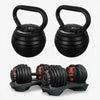 Set of two kettlebells and two dumbbells on a white background