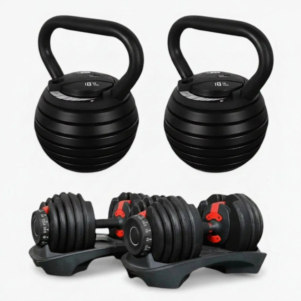 Set of two kettlebells and two dumbbells on a white background