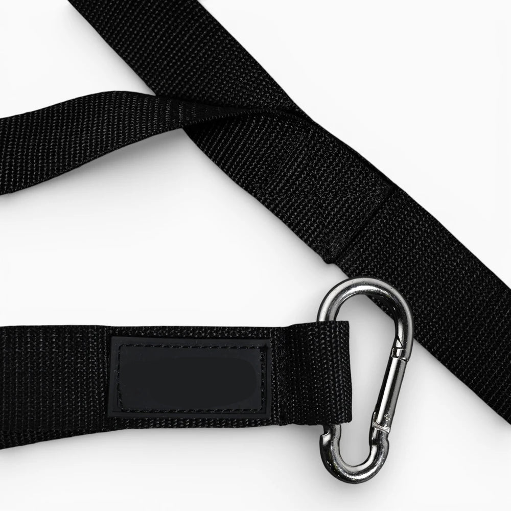 Black pull strap band with carabiner on a white background