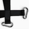 Gym machine pull straps with carabiner clips on a white background